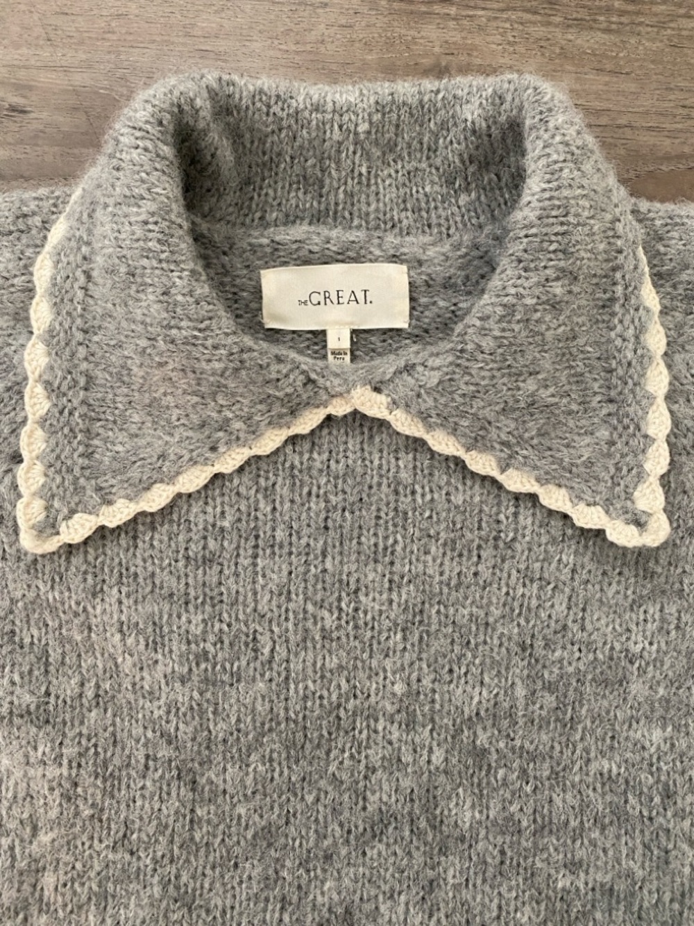 THE GREAT. Heather Grey Crochet Collar Pullover Sweater size 1, superfine Alpaca - Picture 8 of 10